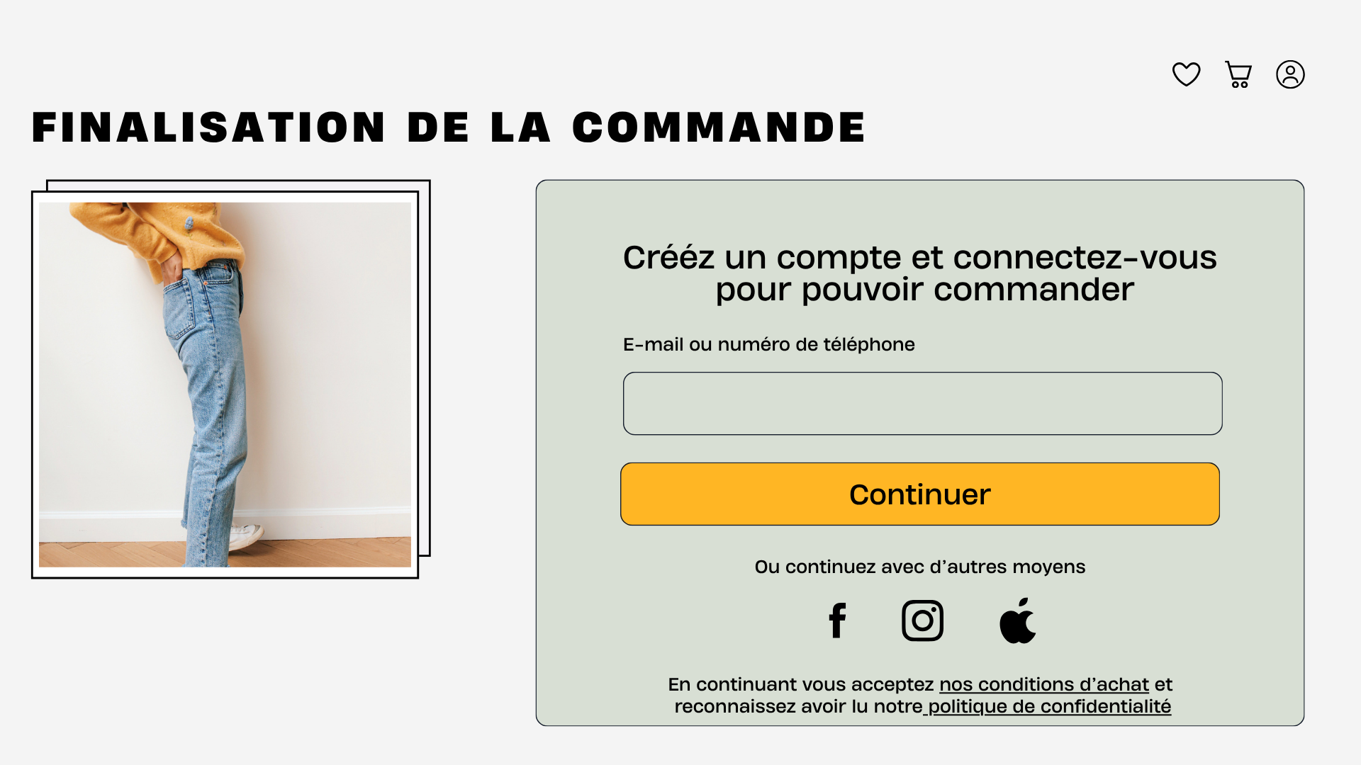Écran de finalisation de commande obligeant à créer un compte pour continuer