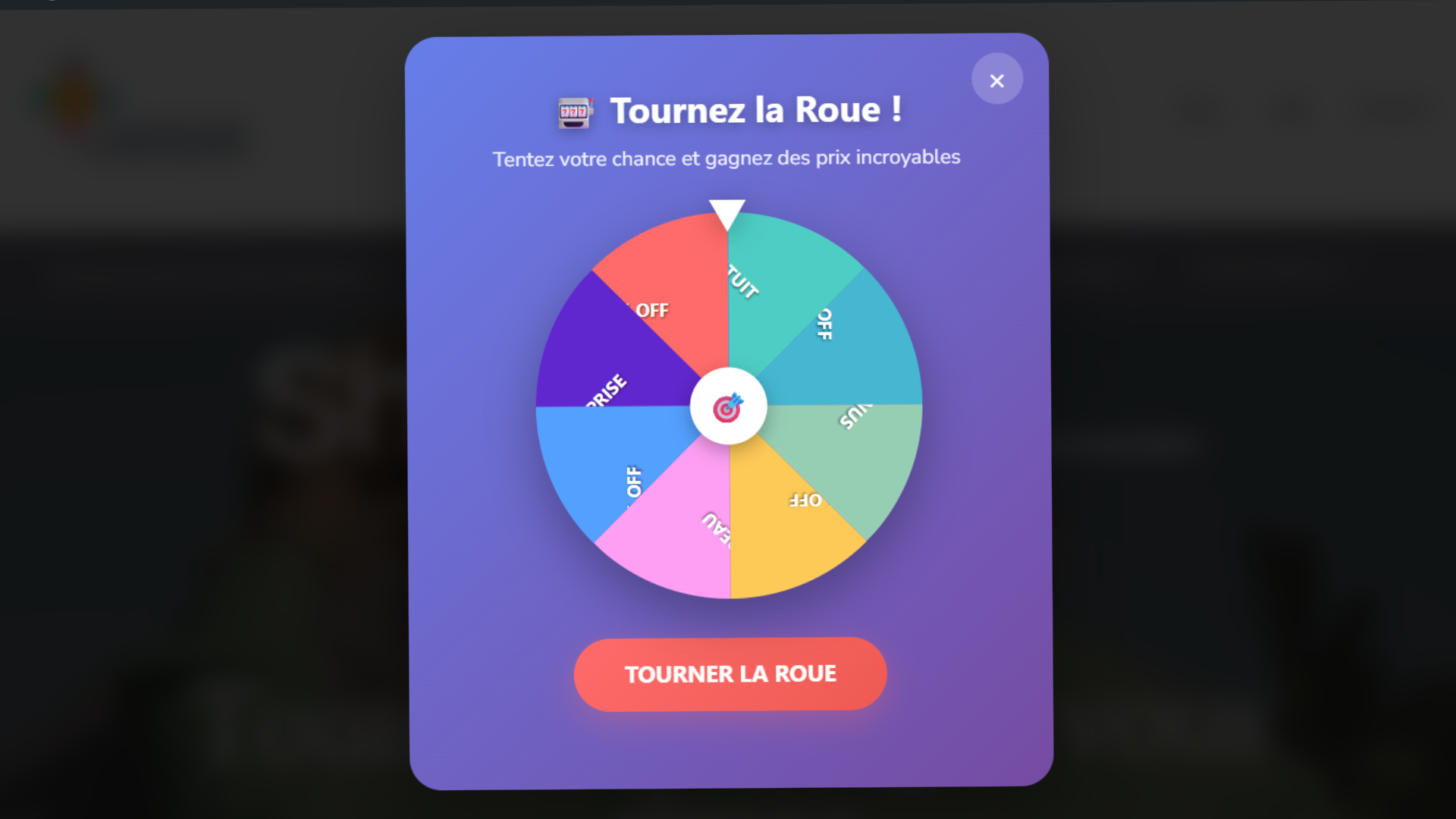 Pop-up "Tournez la Roue" proposant de tenter sa chance dès l'arrivée sur le site Zhein