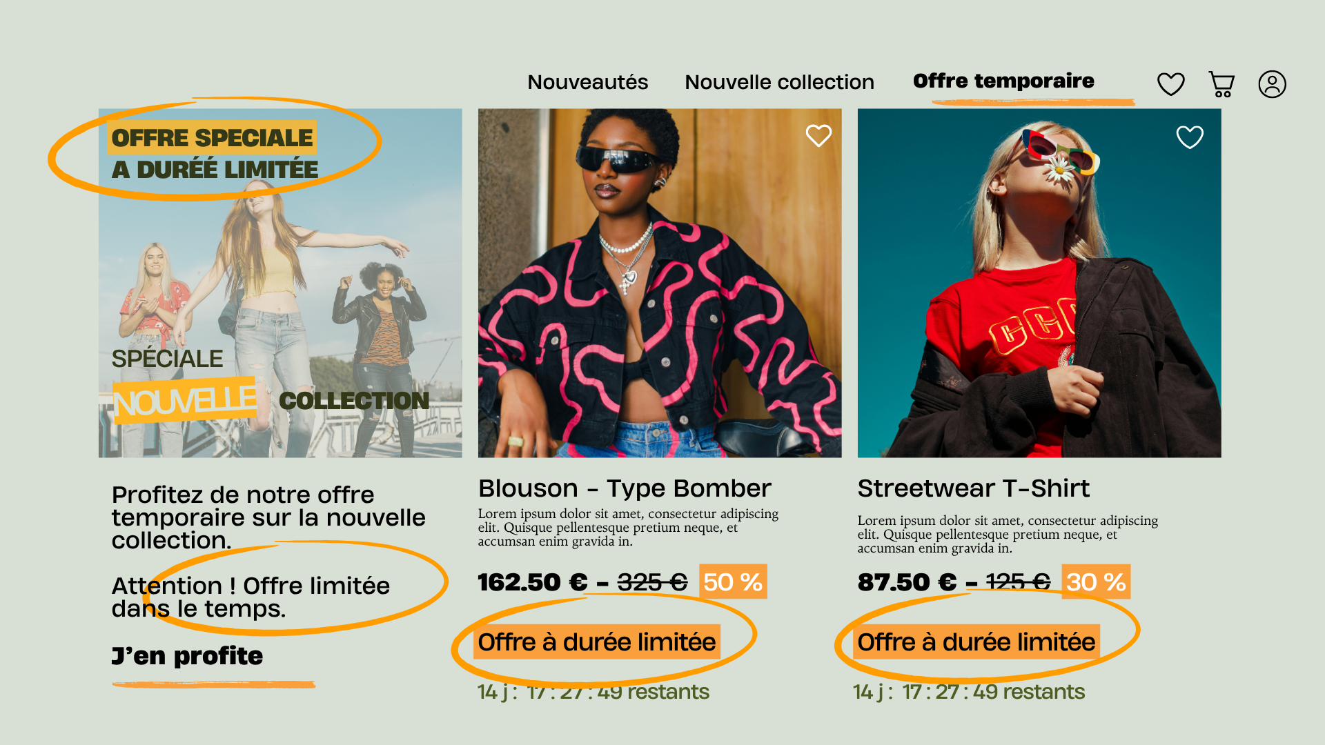 Bandeau « Offre spéciale à durée limitée » avec compte à rebours sur des articles